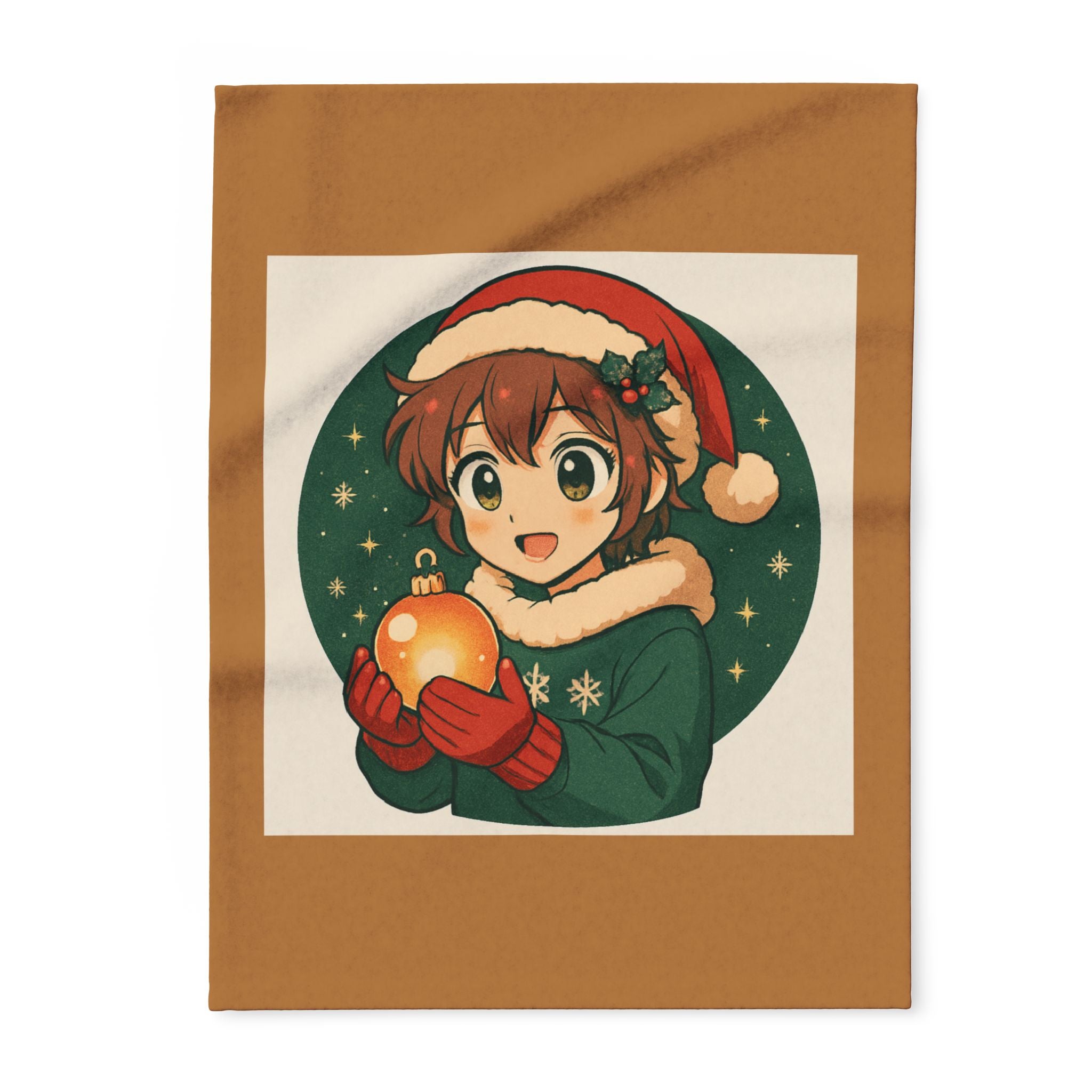 Christmas Anime Throw Blanket — Cute Holiday Boy Holding Ornament