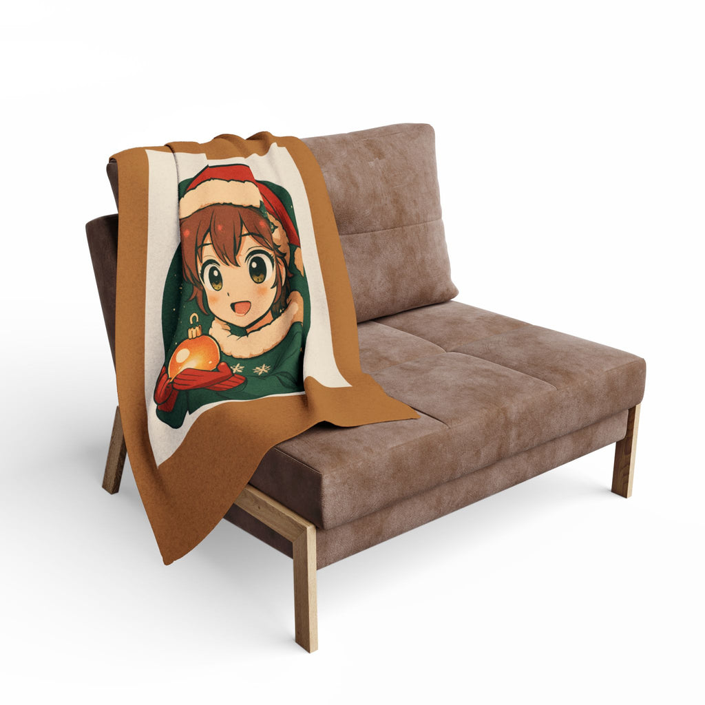 Christmas Anime Throw Blanket — Cute Holiday Boy Holding Ornament