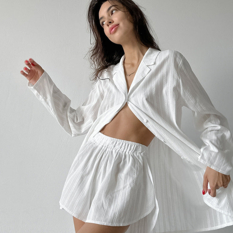 Autumn Winter New Comfortable White Pure Cotton Loose-Fit Long-Sleeve Shorts Set