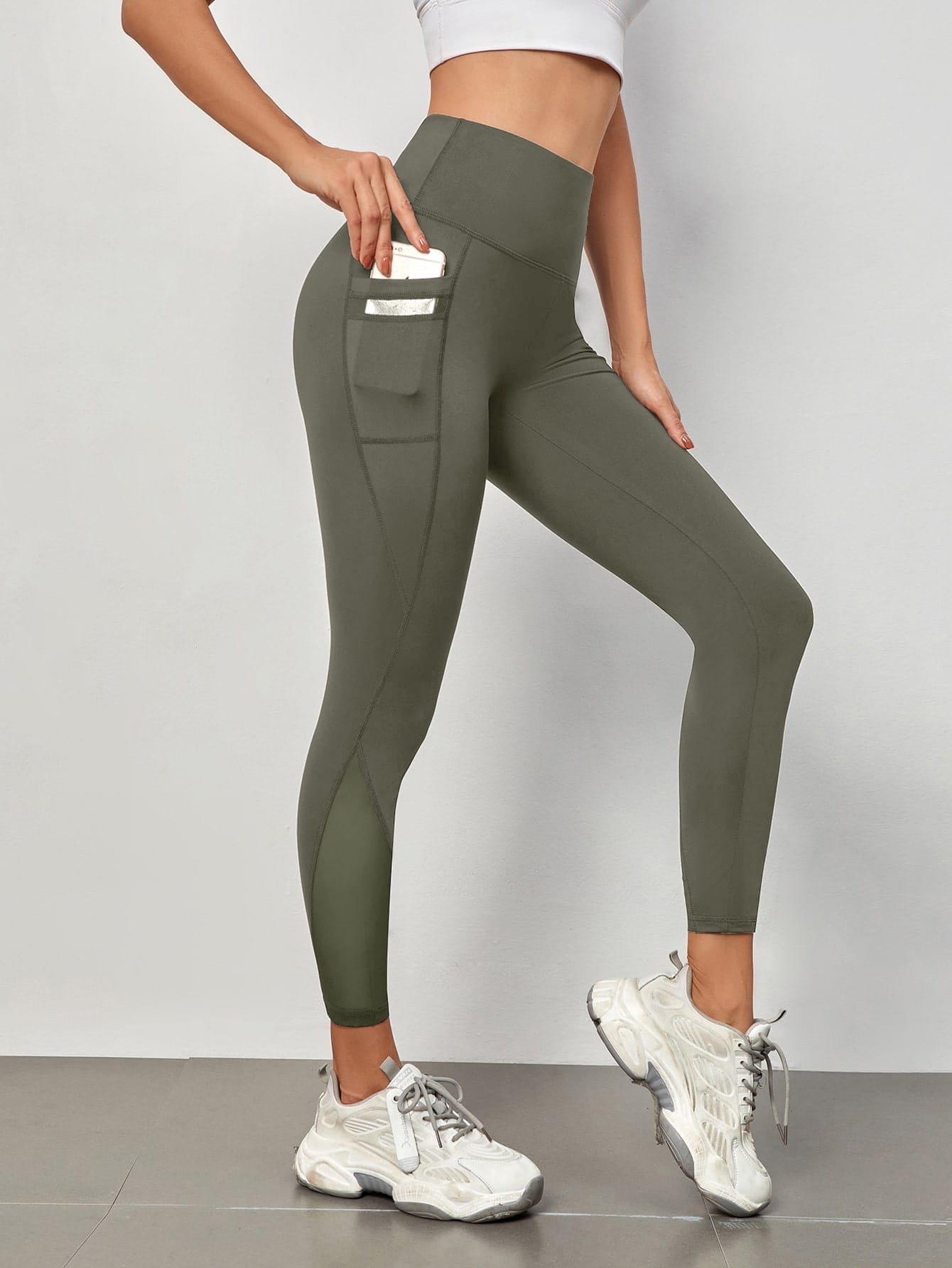 High Waist Grenadine Stitching Yoga Pants Pocket Quick-drying Breathable Hip Lifting Sport