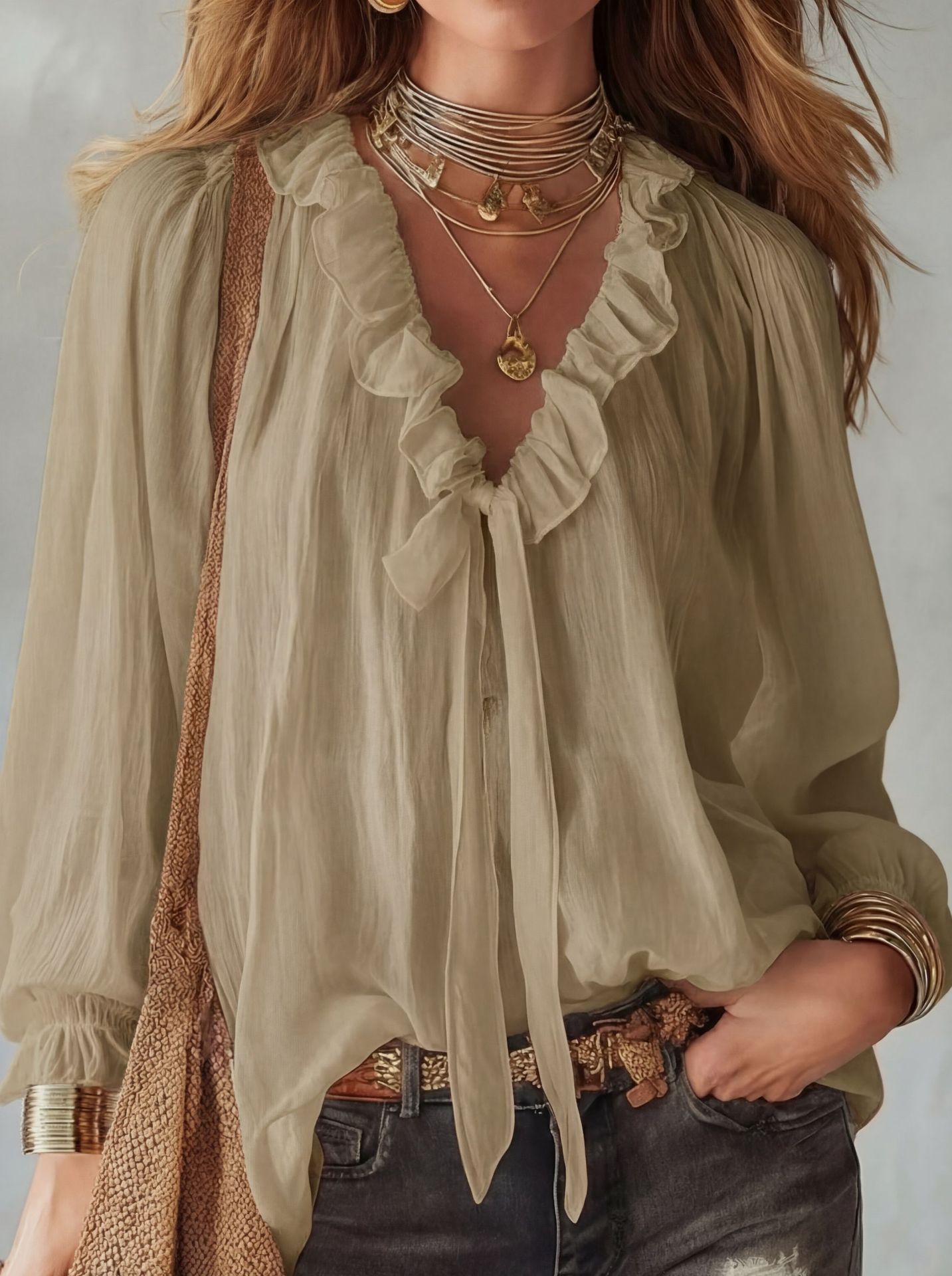 Fashionable V-neck Loose-fit Shirt Top