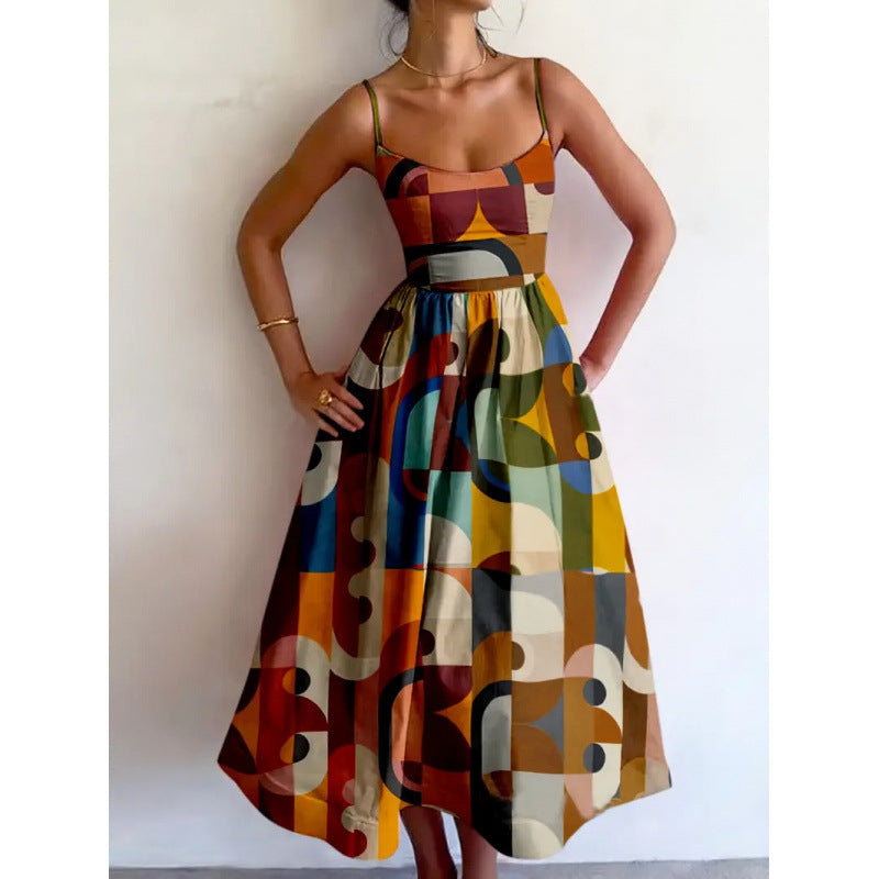 European And American-style Printed Vacation-look Tube Dress